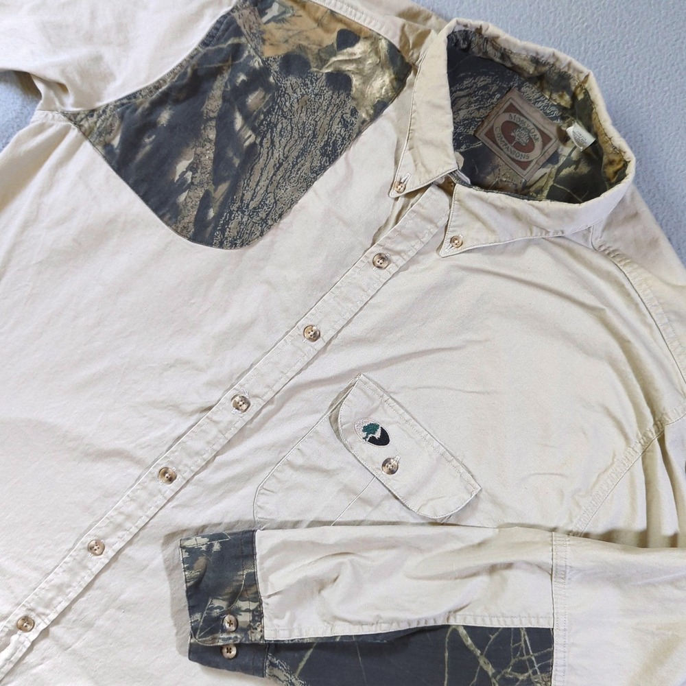 VTG Mossy Oak Companions Shooter Shirt Mens XXXL Tan Camo QDMA‎ Patch USA Made